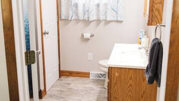 Hair dryer, towels, soap, shampoo