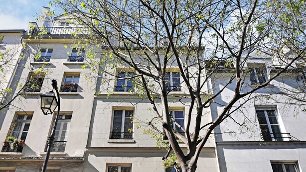 Un edificio de varios pisos con balcones, ventanas y un árbol en la parte delantera.