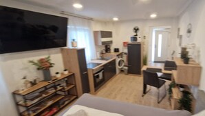 A compact living space with a kitchenette, a dining area, and a seating area. - Apartment kitchen, WLAN, SMART TV, modern, single bed (Roding)