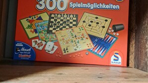 A board game box titled "Spielsammlung 300 Spielmöglichkeiten" on a wooden shelf. - Apartment kitchen, WLAN, SMART TV, modern, single bed (Roding)