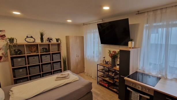 A modern living room with a sofa, a flat-screen TV, a kitchen area with a stove and sink, and a large window with sheer curtains. - Apartment kitchen, WLAN, SMART TV, modern, single bed (Roding)