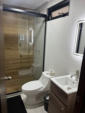 Shower, towels, soap, shampoo