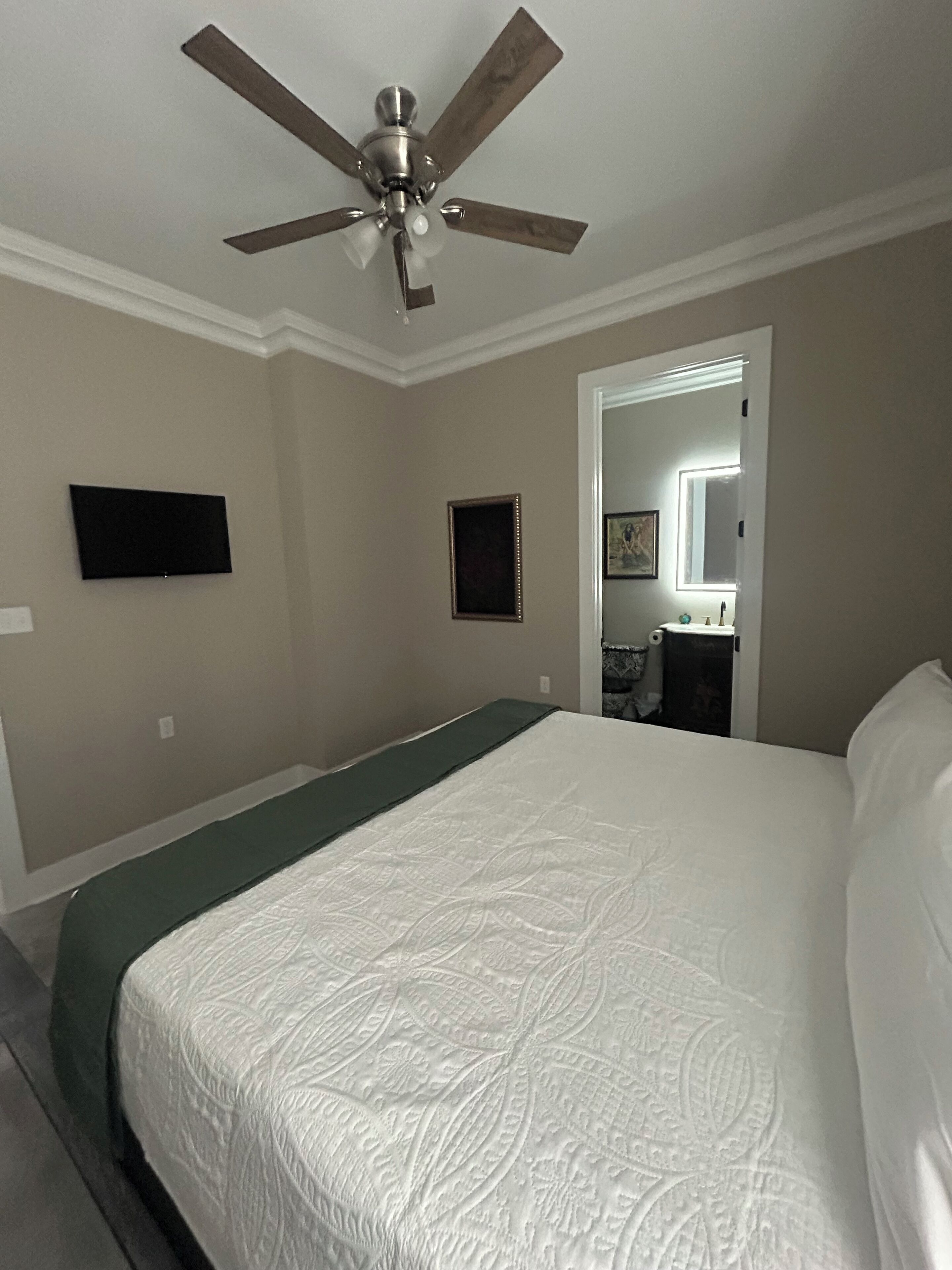 Una camera da letto con un letto, una ventola a soffitto, un televisore e una porta che dà su un bagno.