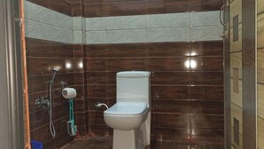 A small bathroom with a toilet, a shower, and a toilet paper holder.