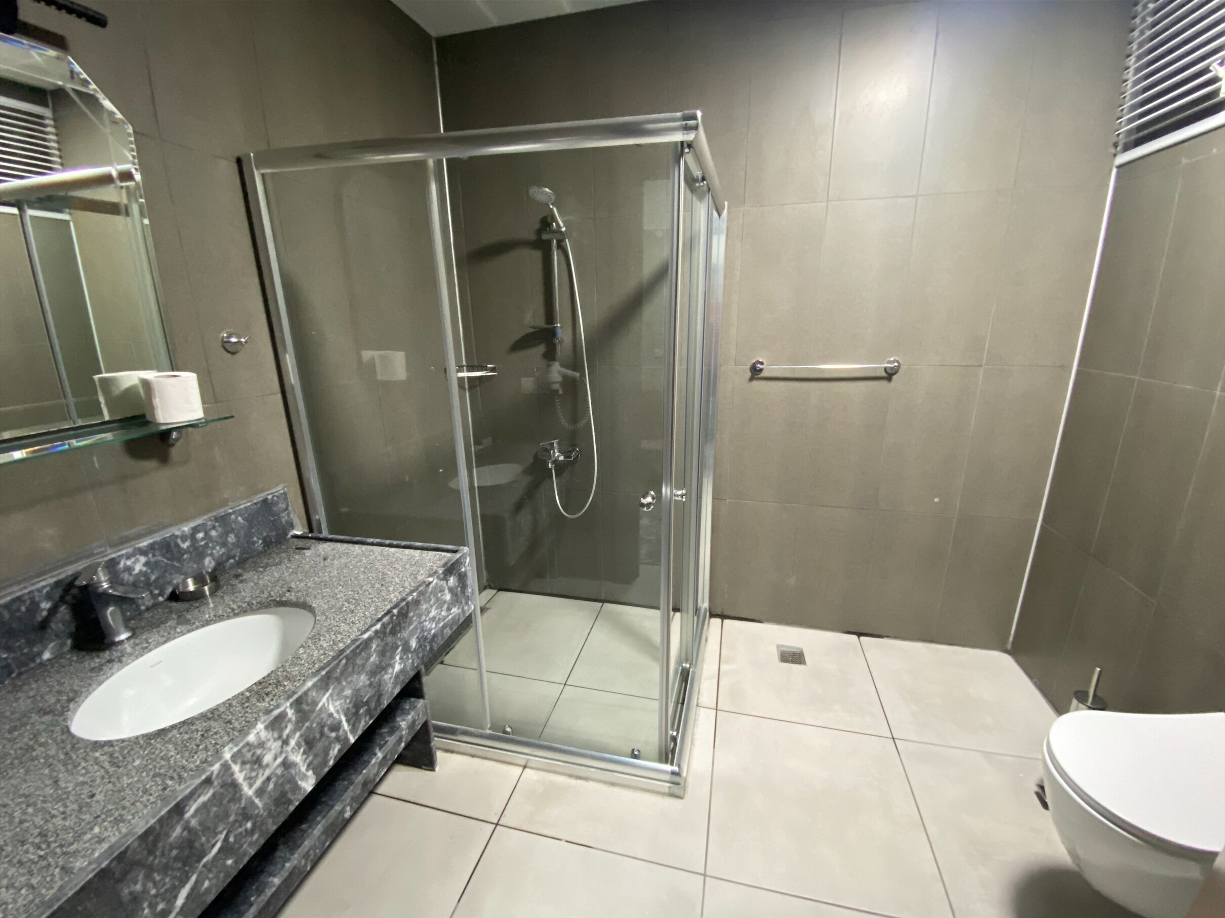 A modern bathroom with a glass-enclosed shower, a marble sink, and a toilet.