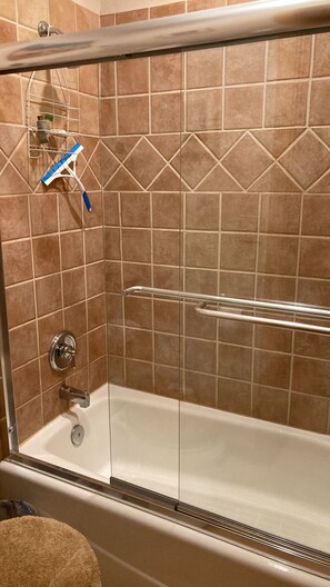 Hair dryer, bidet, towels, soap
