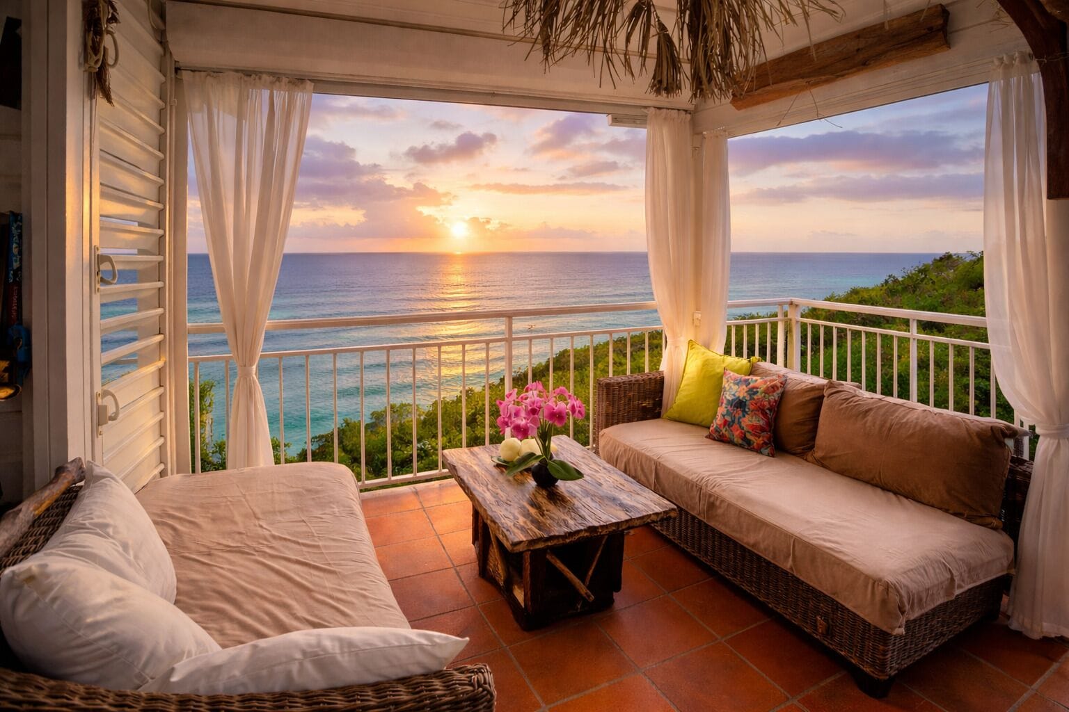 Un balcon avec vue sur l’océan au coucher du soleil, aménagé avec un canapé, une petite table et une chaise en osier.