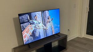 Un televisor de pantalla plana sobre un soporte de madera en una habitación con un tapete estampado y una mesa de mármol.