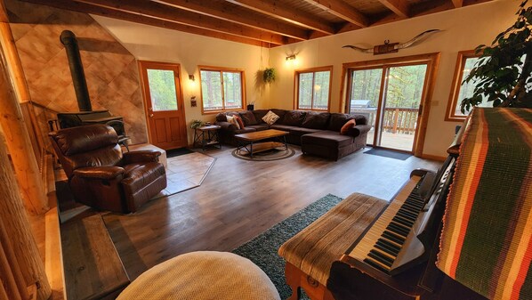 Smart TV, fireplace, books, stereo