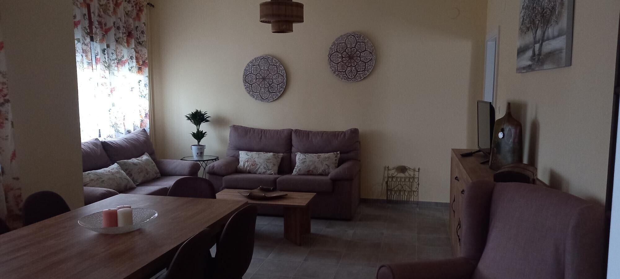 A living room with a sofa, a coffee table, and a dining table. There are decorative plates on the wall and a plant on a side table.
