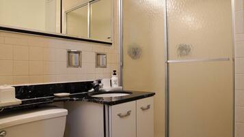 Hair dryer, towels, soap, toilet paper