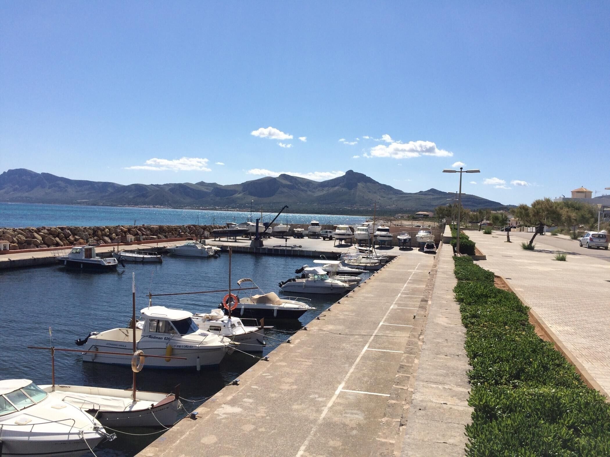 A marina with boats docked, a paved walkway, and mountains in the background.