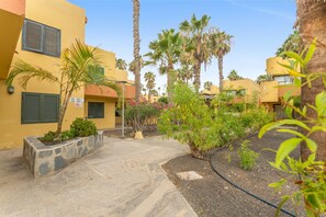 A courtyard with palm trees, a stone planter, and a building with a yellow facade and green shutters.
