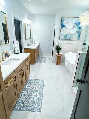 Hair dryer, towels, soap, shampoo