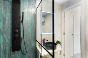 Shower, hair dryer, towels