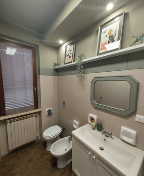 A bathroom with a toilet, bidet, and a sink with a mirror above it. There is a radiator under the window and a plant on the shelf. - La Chicca, cozy apartment decorated in every room. Pets allowed (Annicco)