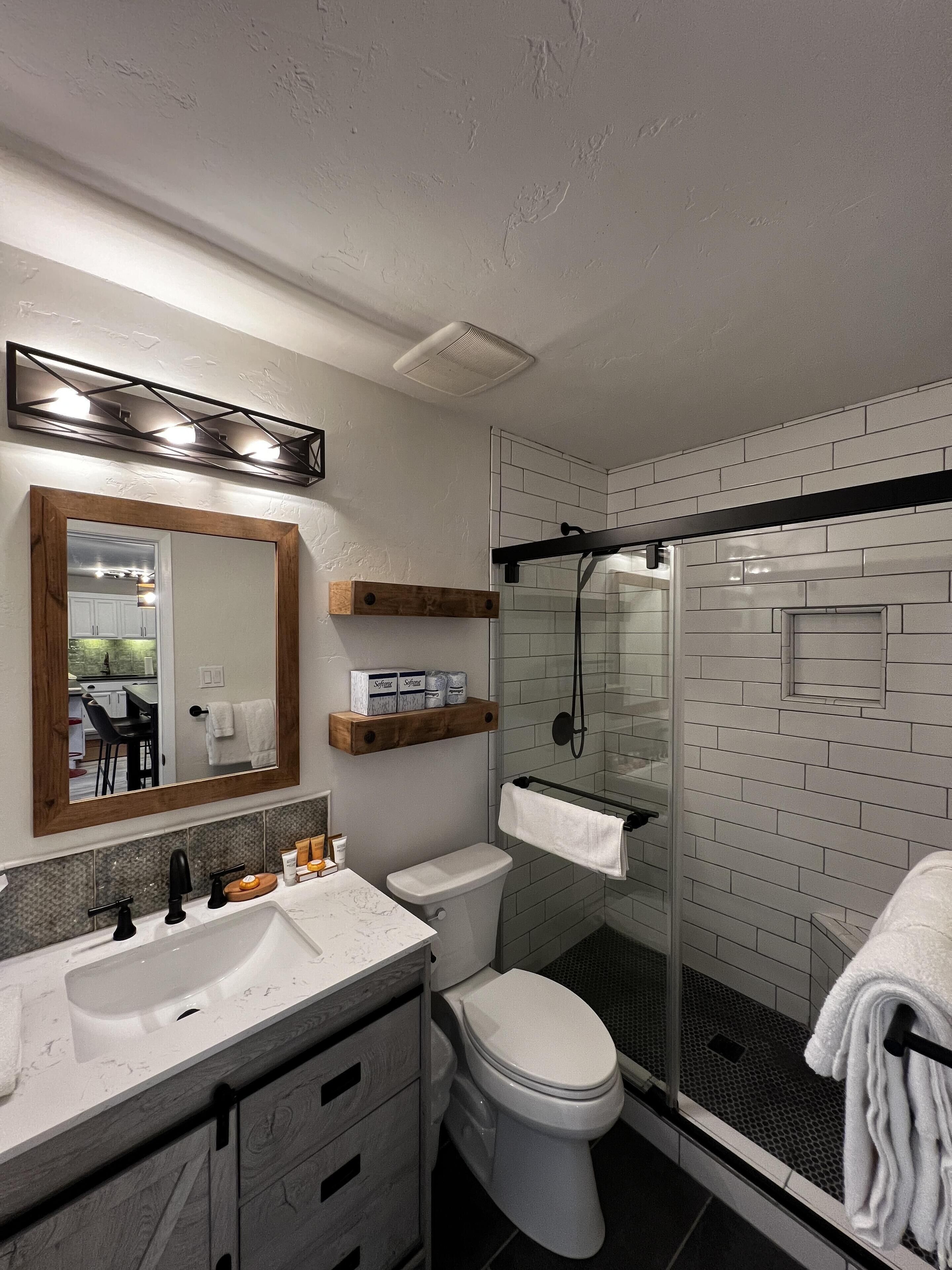 Shower, hair dryer, towels