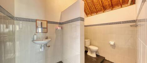 Un baño con lavamanos, inodoro y zona de ducha.