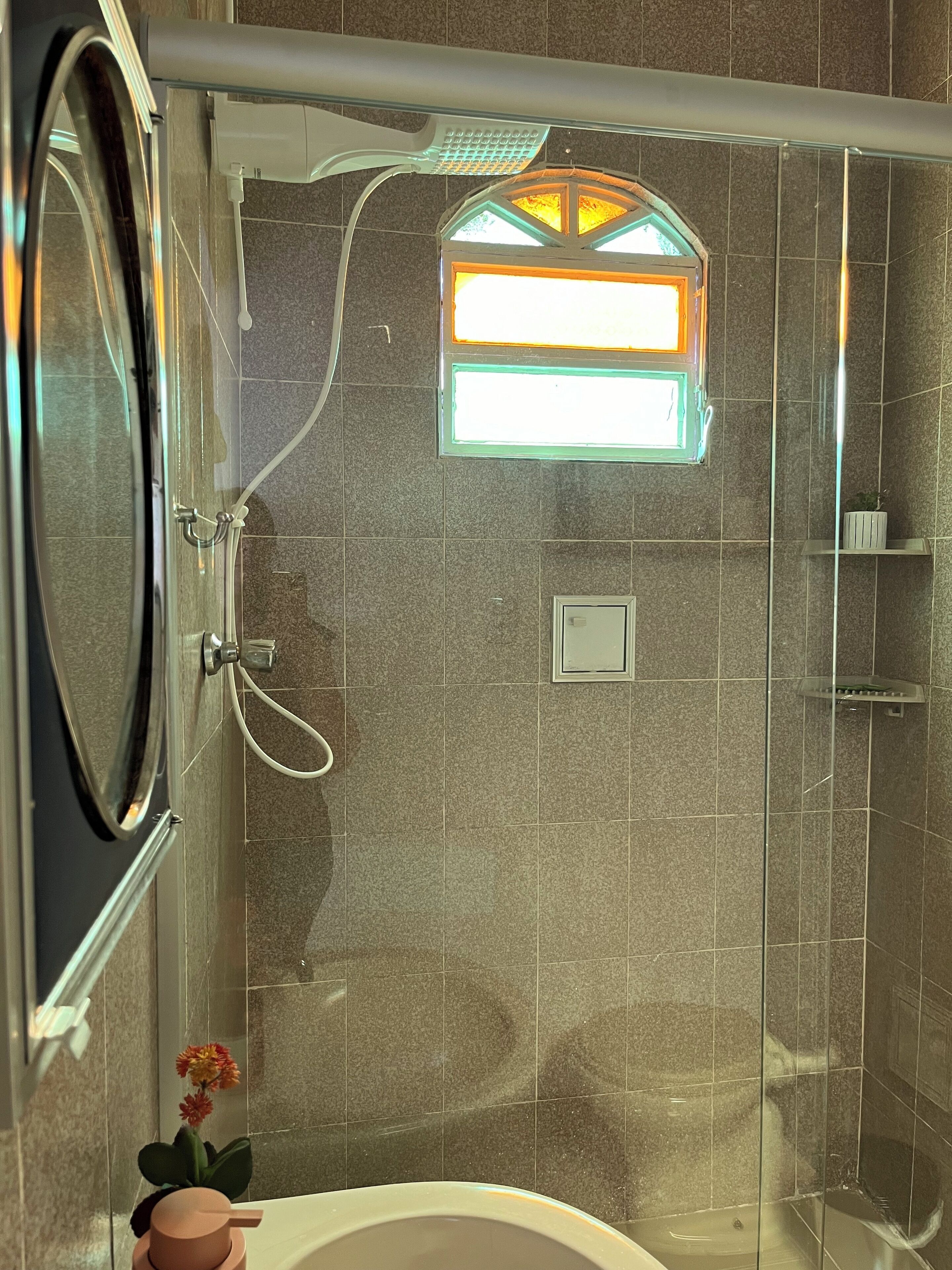 Shower, towels, soap, toilet paper