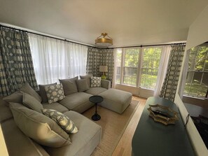 TV connectée, cheminée, livres, chaîne hi-fi