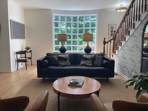 TV connectée, cheminée, livres, chaîne hi-fi