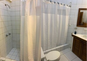 Hair dryer, towels, soap, toilet paper