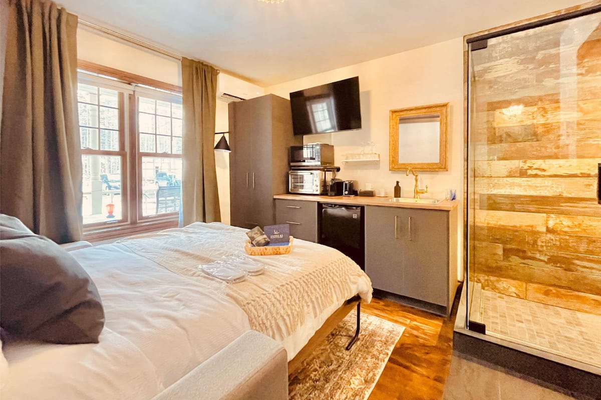 A bedroom with a bed, a small kitchenette, a television, and a sliding glass door to a balcony.