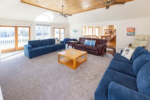 Smart TV, fireplace, foosball