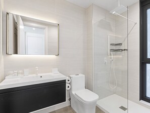 Shower, hair dryer, towels