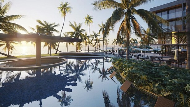 A pool area with palm trees and a building in the background. - SMART APARTMENT - EXTERNAL VIEW (Ipojuca)