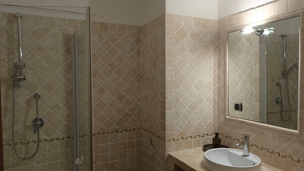 A bathroom with a glass shower enclosure, a pedestal sink, and a large mirror.
