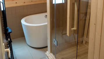 Hair dryer, bidet, towels, soap
