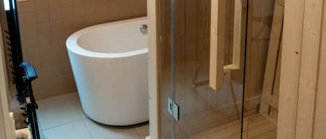 Hair dryer, bidet, towels, soap