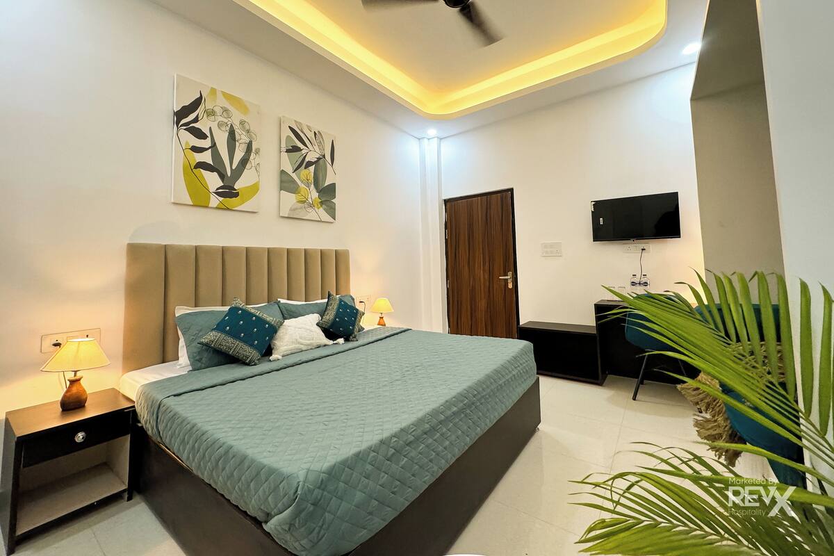 A modern bedroom with a bed, bedside tables, a ceiling fan, artwork, a TV, and a potted plant.