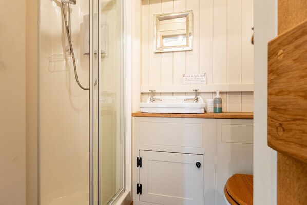 A bathroom with a glass shower enclosure, a sink with a mirror above it, and a toilet with a wooden seat.