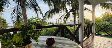 A covered outdoor area with a wooden deck, a table with a striped tablecloth, a potted plant, and a decorative item.