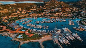 An aerial view of a coastal town with a marina filled with boats, surrounded by residential buildings and natural landscapes. - Porto Rotondo - Appartamento in Centro, 8 Minuti Da Spiaggia Ira (Olbia)