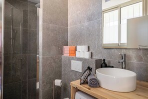 Shower, hair dryer, towels