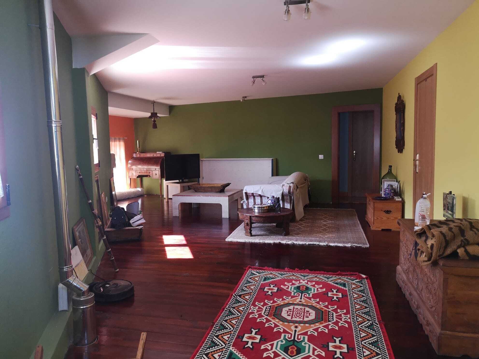 Una sala de estar con un sofá, una mesa de centro, un televisor y una alfombra estampada.