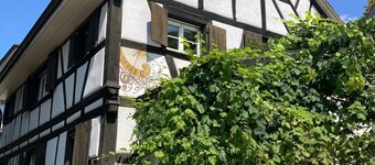 400-year-old half-timbered house in the village center by the village well