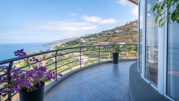 A balcony with a view of the sea and hills, potted plants, and a railing. - Casa Almada (Ribeira Brava)