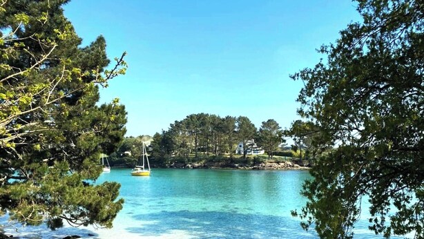 Ein See mit klarem Wasser, umgeben von Bäumen und einer kleinen Insel mit Gebäuden.