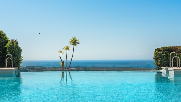 Un cielo azul despejado, una piscina con vistas al océano y tres palmeras.