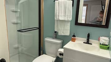 Shower, hair dryer, towels, soap
