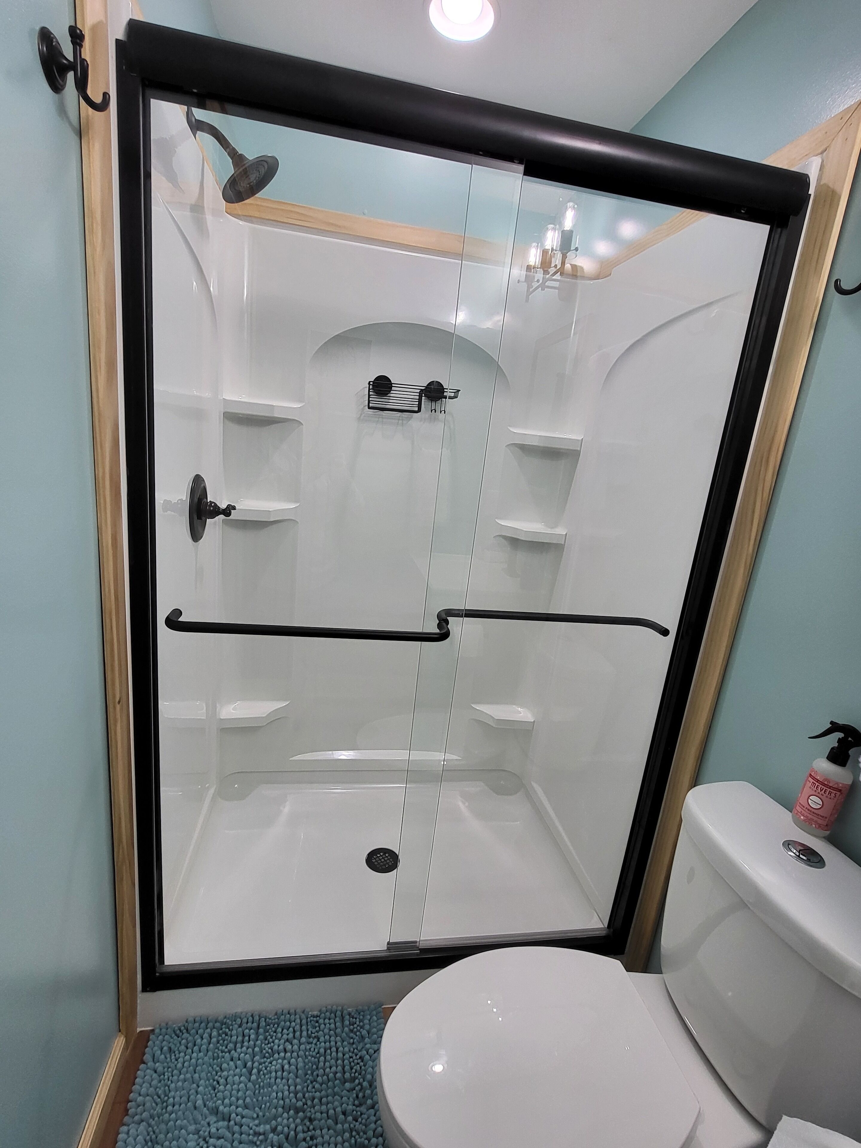 A shower enclosure with a glass door, a toilet, and a blue bath mat.