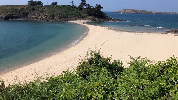 A coastal beach with clear waters, sandy shores, and lush greenery. - At the heart of a market-garden farm on the Emerald Coast  (Saint-Lunaire)
