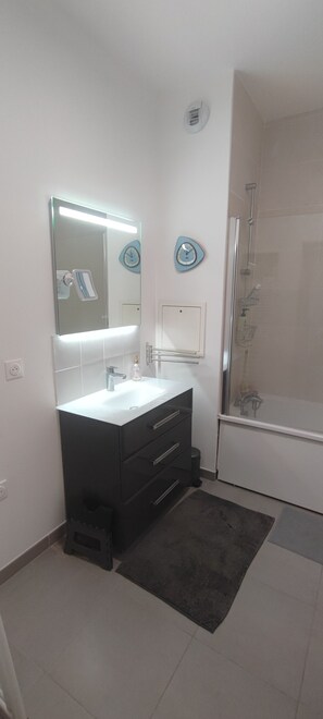 A modern bathroom with a vanity, mirror, and shower. - Large room near metros 7 and 14 (Le Kremlin-Bicêtre)