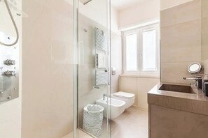 Shower, hair dryer, bidet, towels