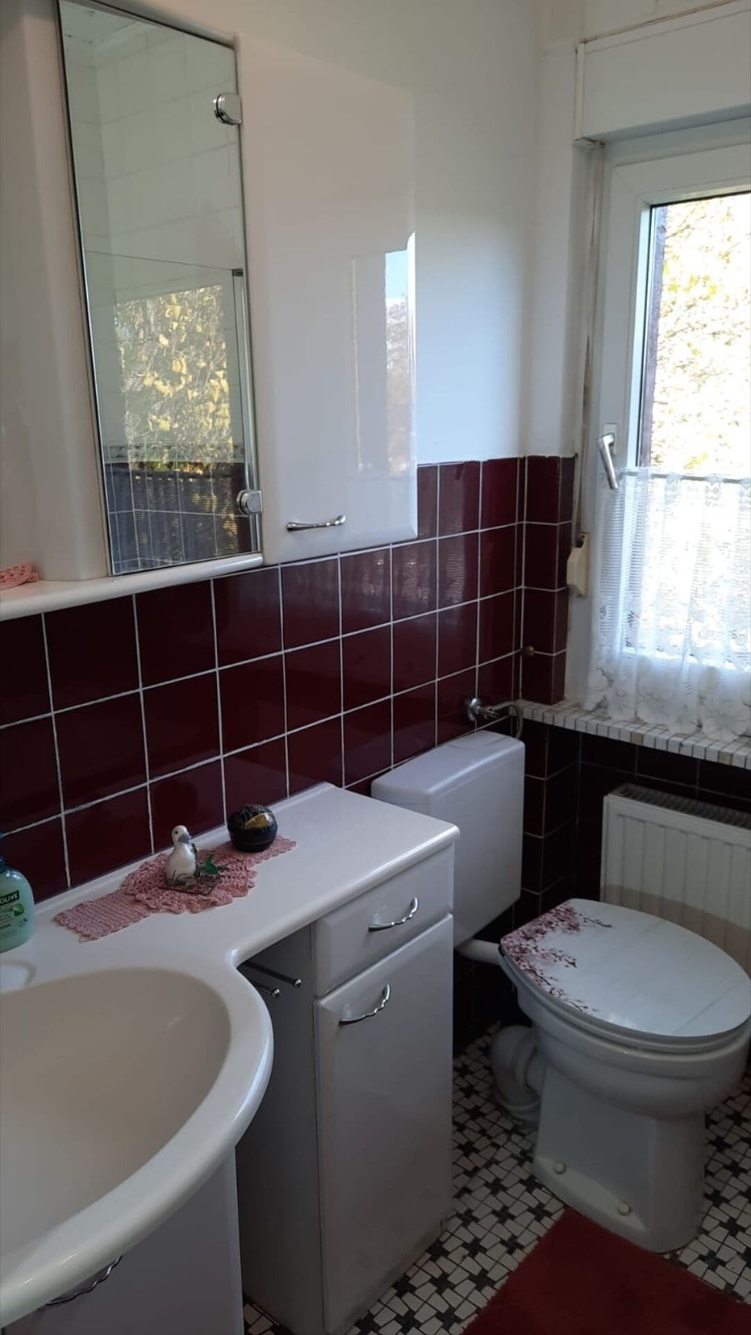 Un bagno con un lavandino bianco, un water e uno specchio sopra il lavandino. Si vede una finestra con vista su degli alberi.