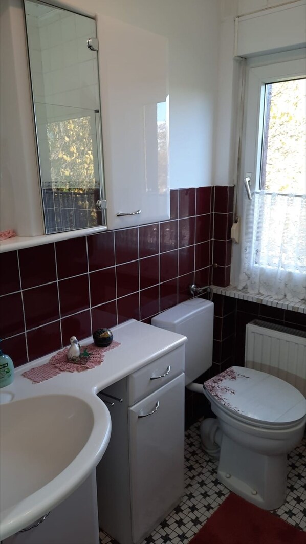 A bathroom with a white sink, a toilet, and a mirror above the sink. There is a window with a view of trees outside.